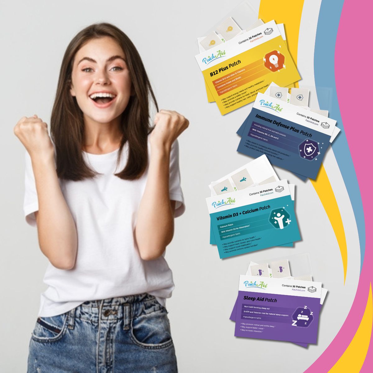 A smiling young woman with long brown hair raises her fists in excitement, standing against a light gray background, with colorful patches for vitamins and sleep aid displayed beside her.