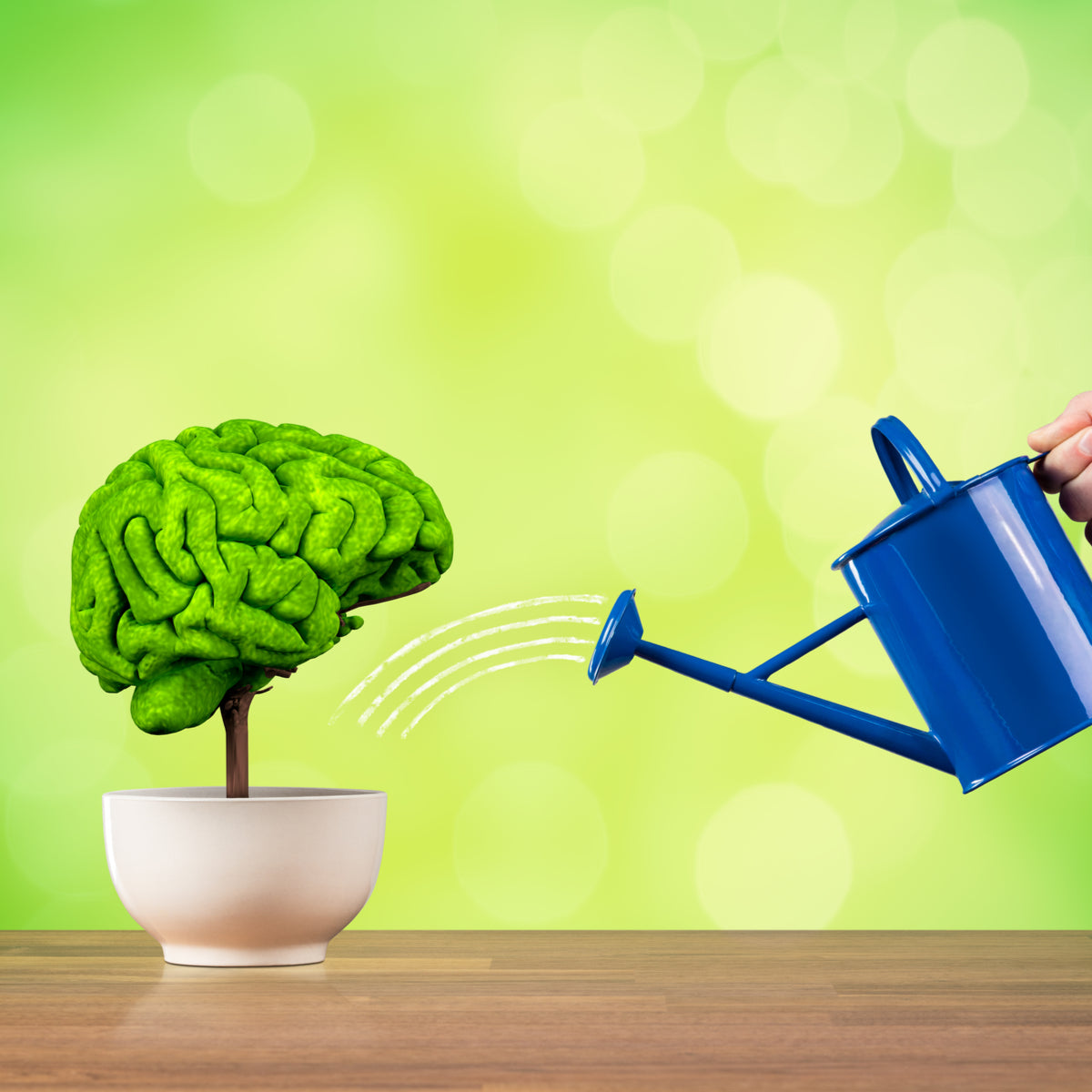 A hand waters a green brain-shaped plant in a white pot with a blue watering can, set against a soft green background, symbolizing nurturing and improving memory.