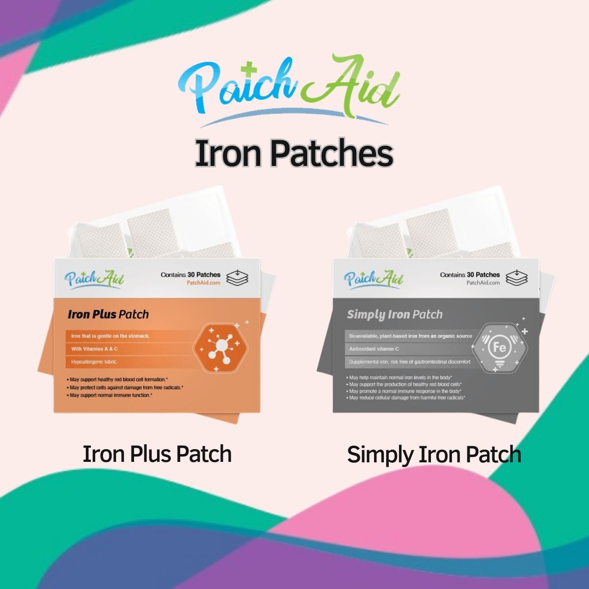 Two types of PatchAid iron patches are displayed: the Iron Plus Patch in orange, highlighting its benefits, and the Simply Iron Patch in gray, emphasizing its plant-based iron source, against a colorful background.