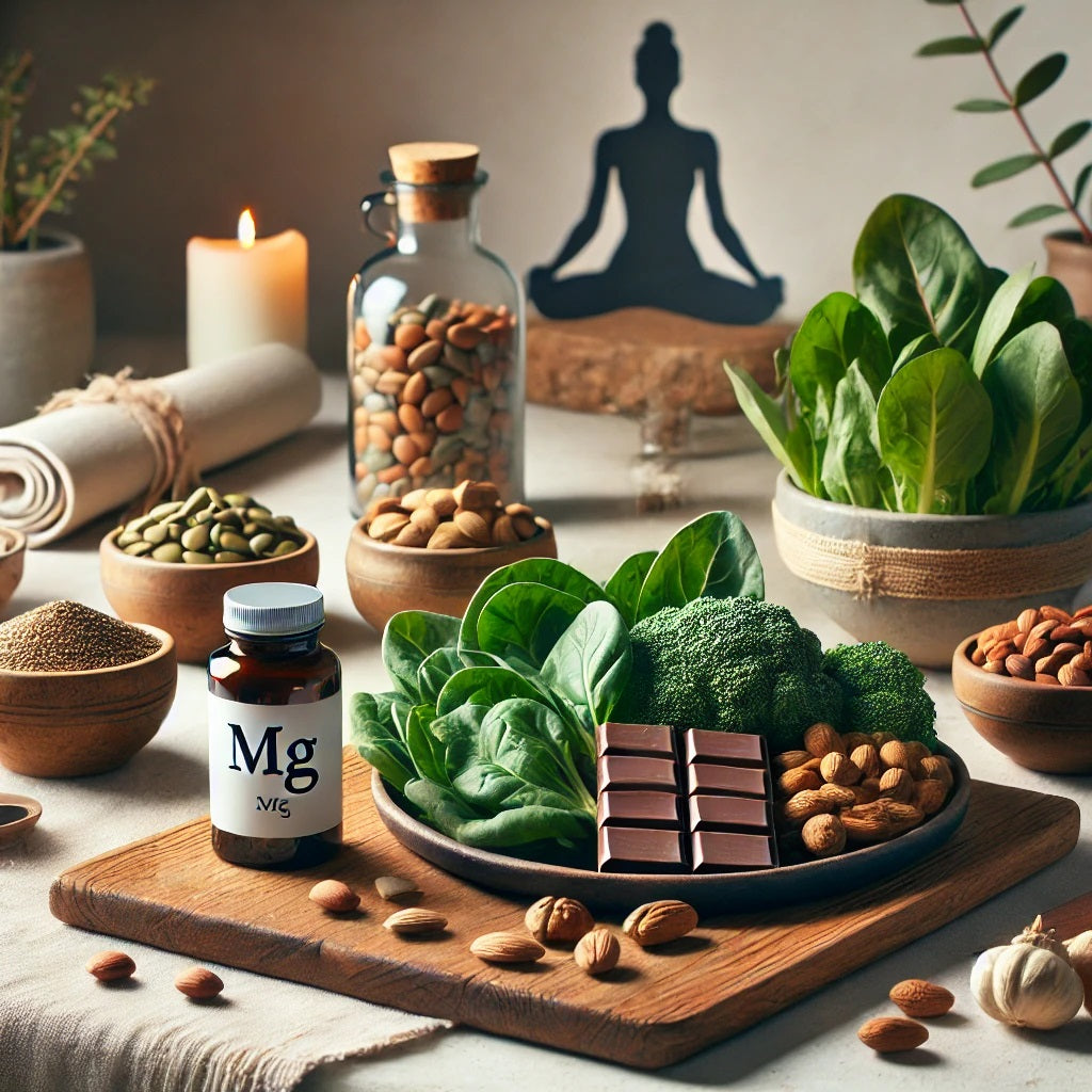 A wooden table displays a variety of magnesium-rich foods, including leafy greens, nuts, and dark chocolate, alongside a bottle labeled