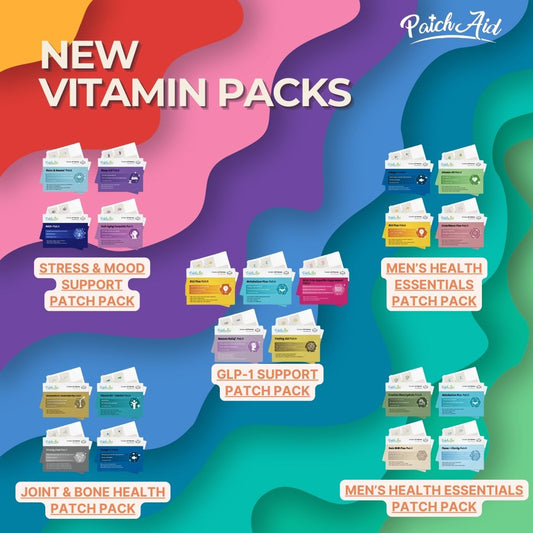 Colorful background featuring various PatchAid vitamin packs labeled for specific health needs, including stress support and men's health essentials, arranged in a visually appealing layout.