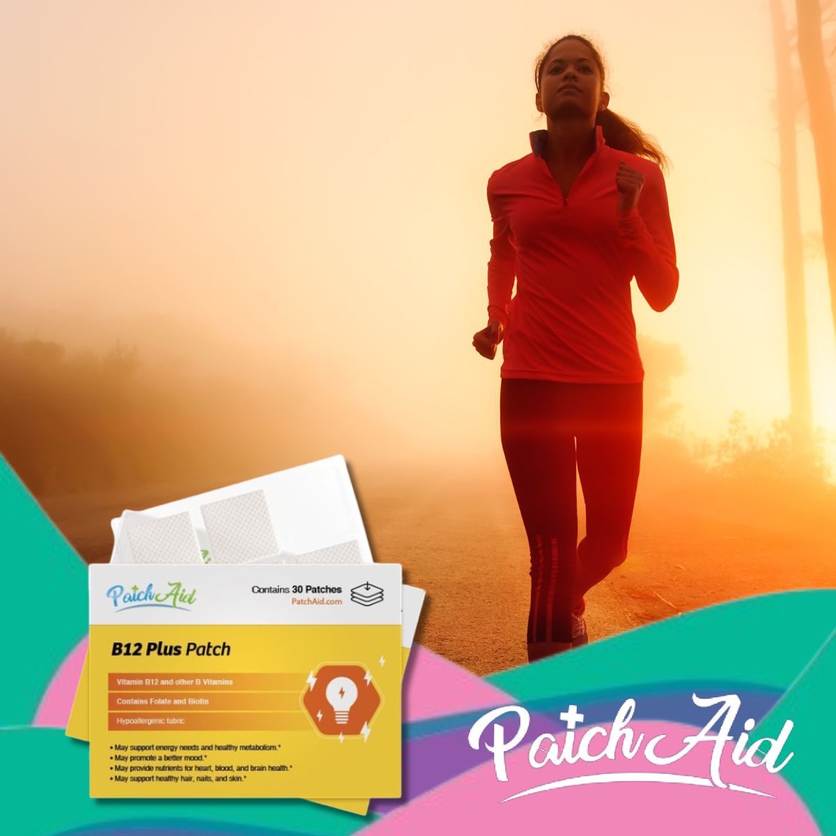 A woman in a bright red running top jogs confidently along a misty path at sunrise, with a B12 Plus Patch product displayed in the foreground, highlighting its benefits for athletes.