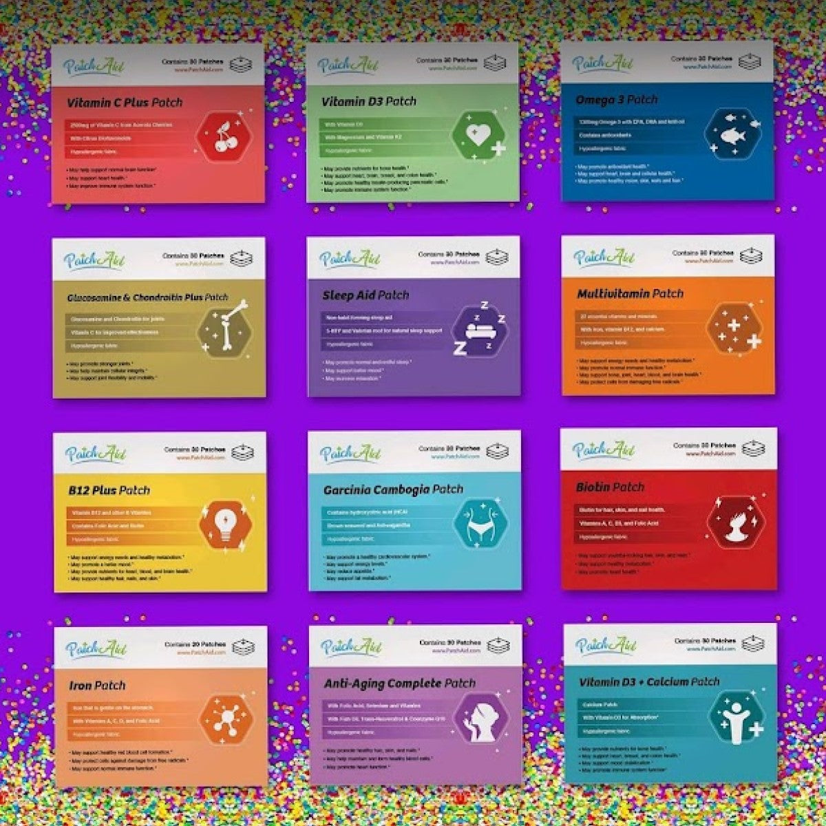 Colorful vitamin patch packages are displayed in a grid format on a purple background with confetti, featuring various health benefits like sleep aid, multivitamins, and anti-aging support.