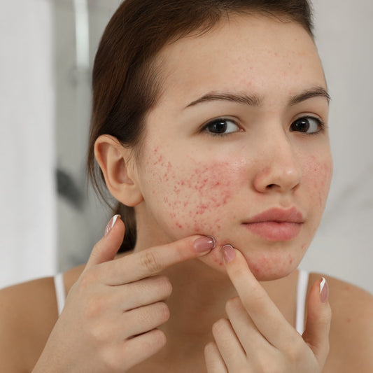 A young woman with acne on her face is looking directly at the camera while gently pointing to a blemish on her cheek in a well-lit bathroom setting.