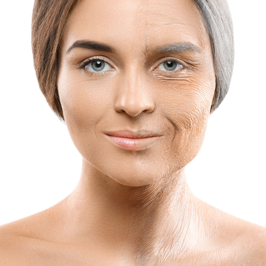 A woman is shown with half of her face appearing youthful and smooth, while the other half shows signs of aging, highlighting the effects of a TikTok aging filter and skincare tips for healthy skin.