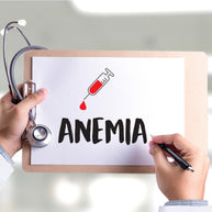 A person holds a clipboard with a paper displaying the word "ANEMIA" in bold letters, accompanied by a syringe illustration dripping red liquid, suggesting a focus on iron patches for anemia treatment.