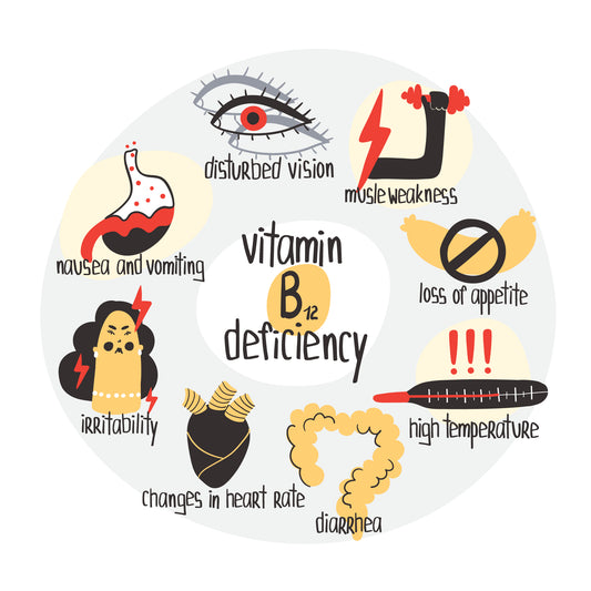A circular infographic illustrates symptoms of vitamin B12 deficiency, including disturbed vision, muscle weakness, nausea, irritability, and more, with each symptom represented by a simple icon.
