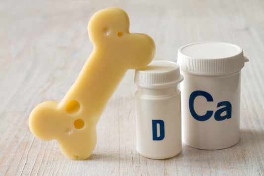 A yellow bone-shaped cheese sits next to two white containers labeled "D" and "Ca," symbolizing the importance of vitamin D and calcium for bone health on a wooden surface.