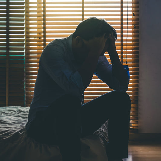 A person sits on the edge of a bed in a dimly lit room, holding their head in their hands, conveying a sense of distress or sadness, with wooden blinds casting shadows in the background.