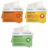 Three vitamin patch boxes are displayed: a multivitamin patch with an orange background, a B12 plus patch in yellow, and a vitamin D3 patch in green, each highlighting health benefits and ingredients.