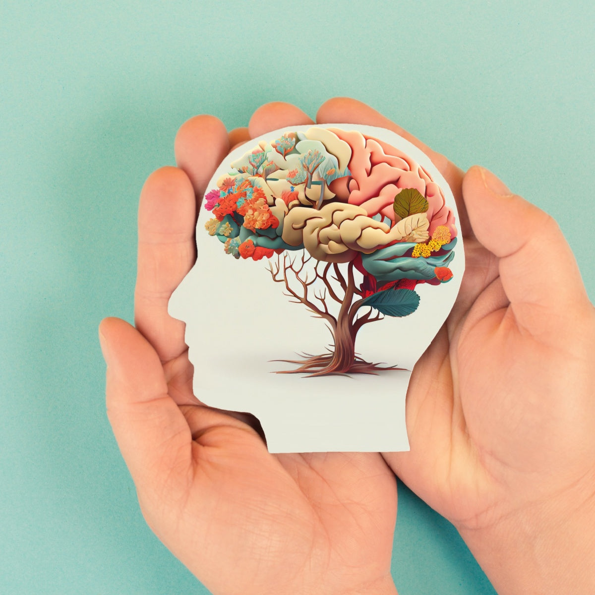 A pair of hands hold a cut-out silhouette of a head, featuring a colorful brain intertwined with flowers and leaves, set against a light blue background, symbolizing mental health and nutrition.