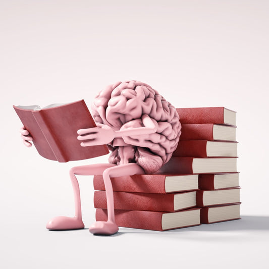 A cartoon brain with arms and legs sits on a stack of red books, reading intently, symbolizing the importance of learning and memory enhancement strategies.
