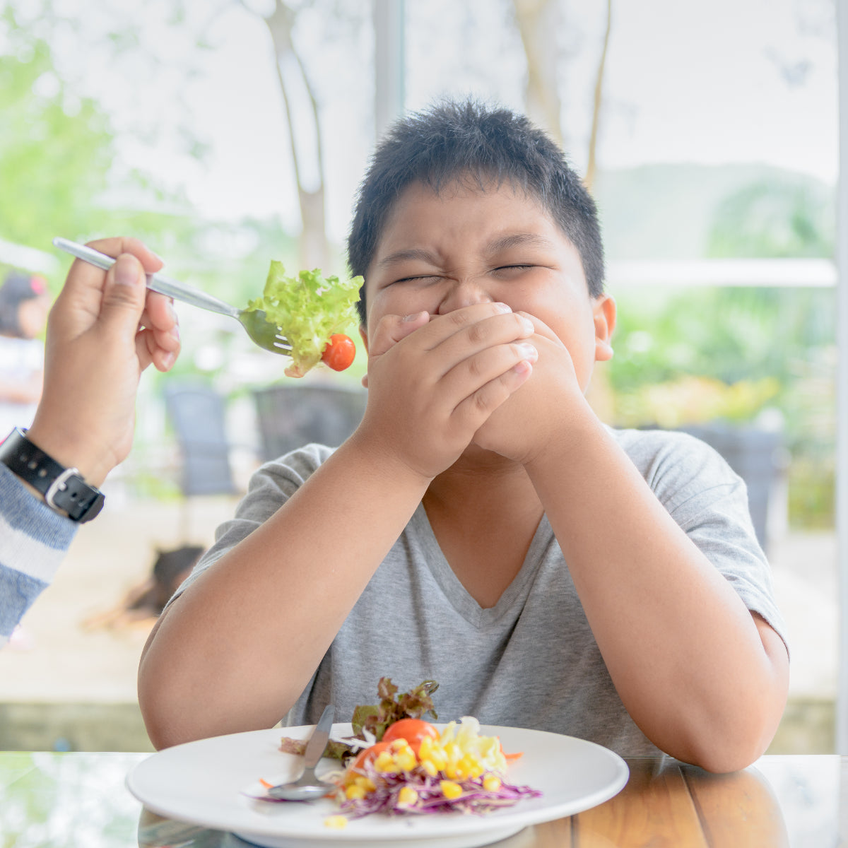 A boy grimaces and covers his mouth while sitting at a table, as someone offers him a forkful of salad in a bright, outdoor dining setting.