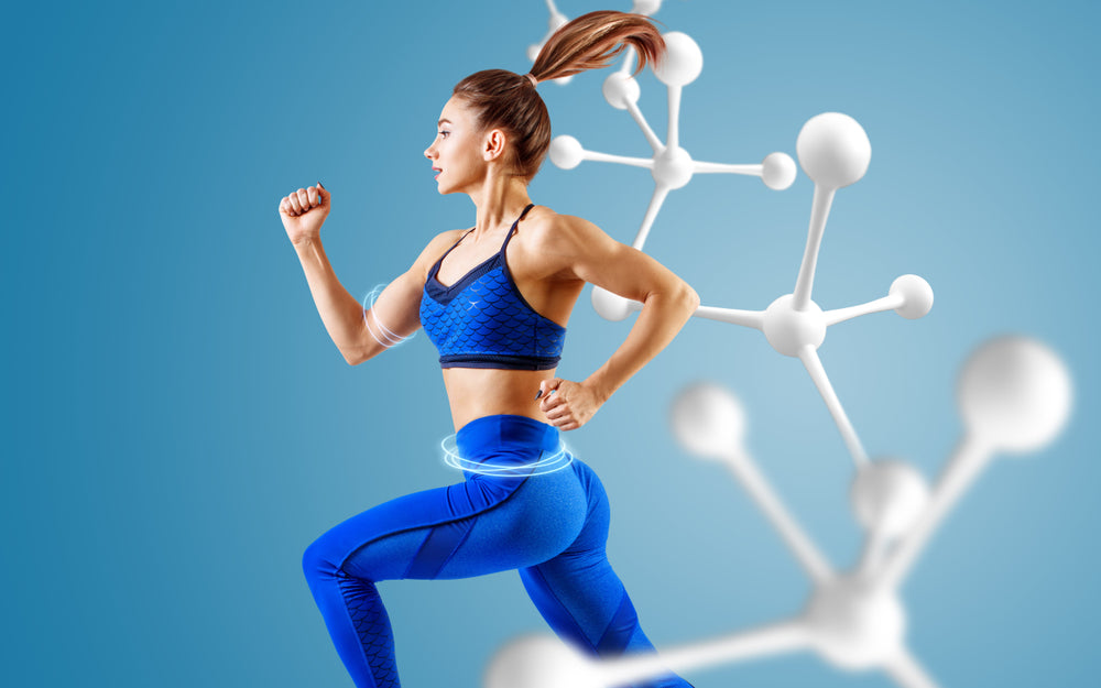 A fit woman in a blue athletic outfit runs energetically against a light blue background, with molecular structures illustrated behind her, symbolizing the benefits of vitamins for the body.