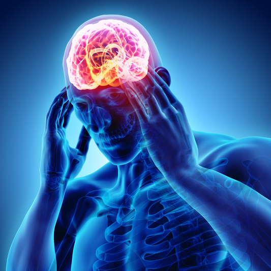 A translucent human figure holds its head in pain, with a glowing brain highlighted above, set against a blue gradient background, symbolizing a headache or mental distress.