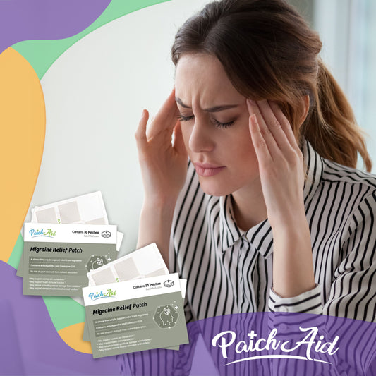 A woman with a pained expression holds her head, suggesting discomfort, while two packs of PatchAid Migraine Relief Patches are displayed in the foreground against a soft, colorful background.