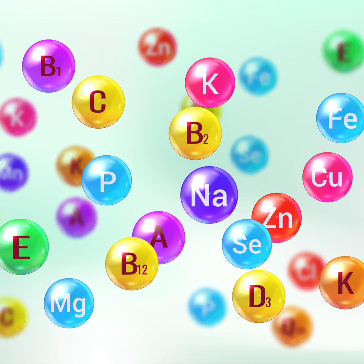 Colorful spheres representing various vitamins and minerals, such as B1, C, D3, and zinc, are scattered against a light background, highlighting nutritional needs for bariatric surgery patients.