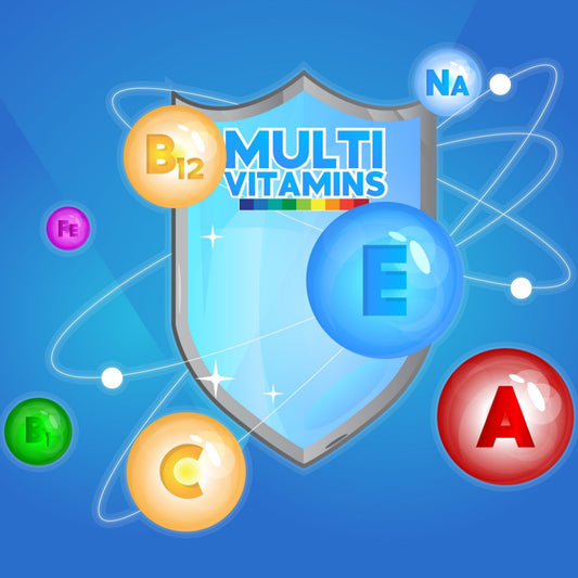 A colorful graphic features a shield labeled "MULTI VITAMINS" surrounded by bubbles representing various vitamins like A, B12, C, D, E, and minerals, set against a blue background.