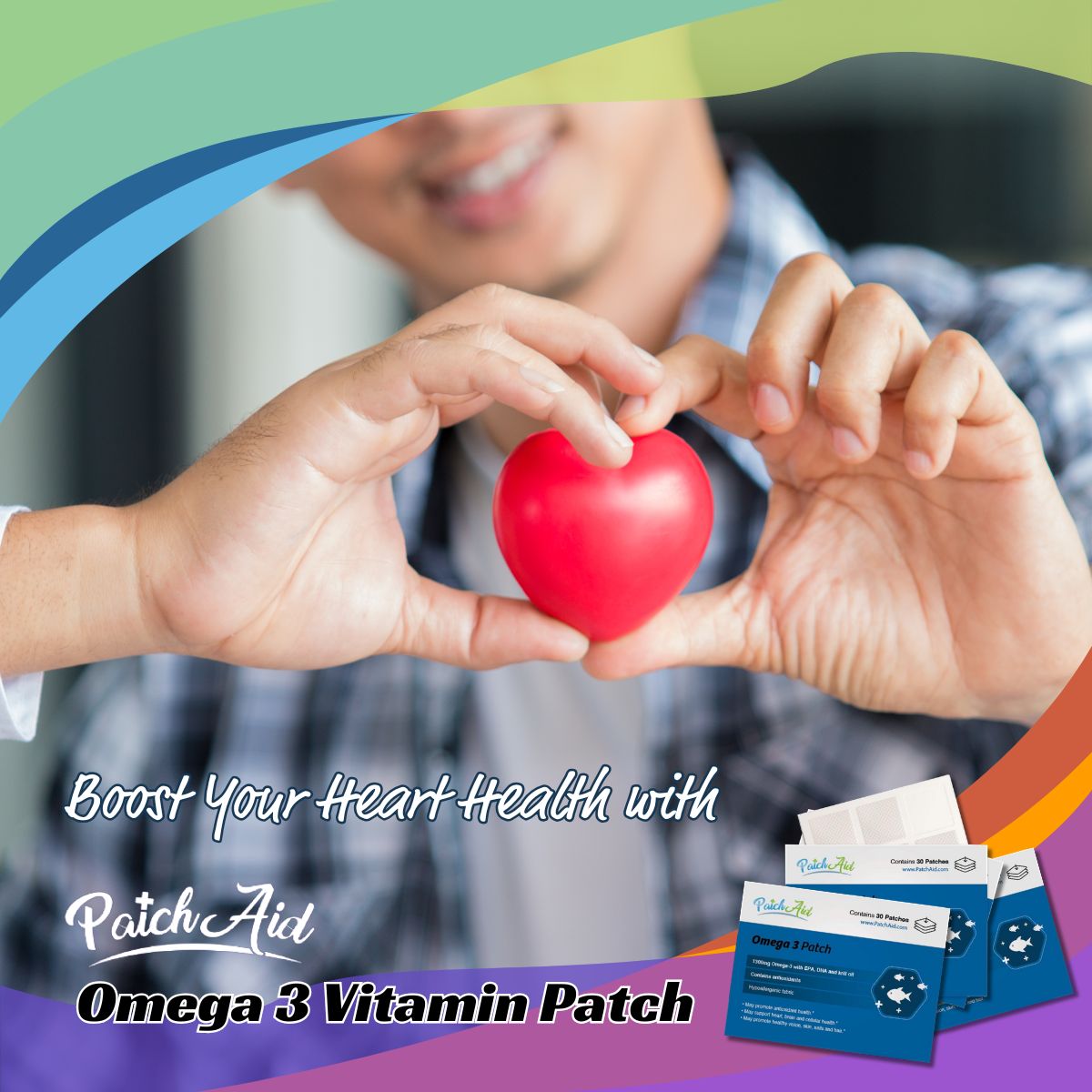 A person in a plaid shirt is smiling while making a heart shape with their hands around a small red heart, with PatchAid's Omega-3 vitamin patches visible in the foreground.