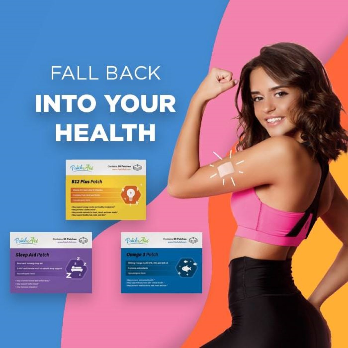A smiling woman in a pink sports top flexes her arm, showcasing a vitamin patch on her bicep, with colorful backgrounds and three vitamin patch boxes labeled B12 Plus, Sleep Aid, and Omega 3 nearby.