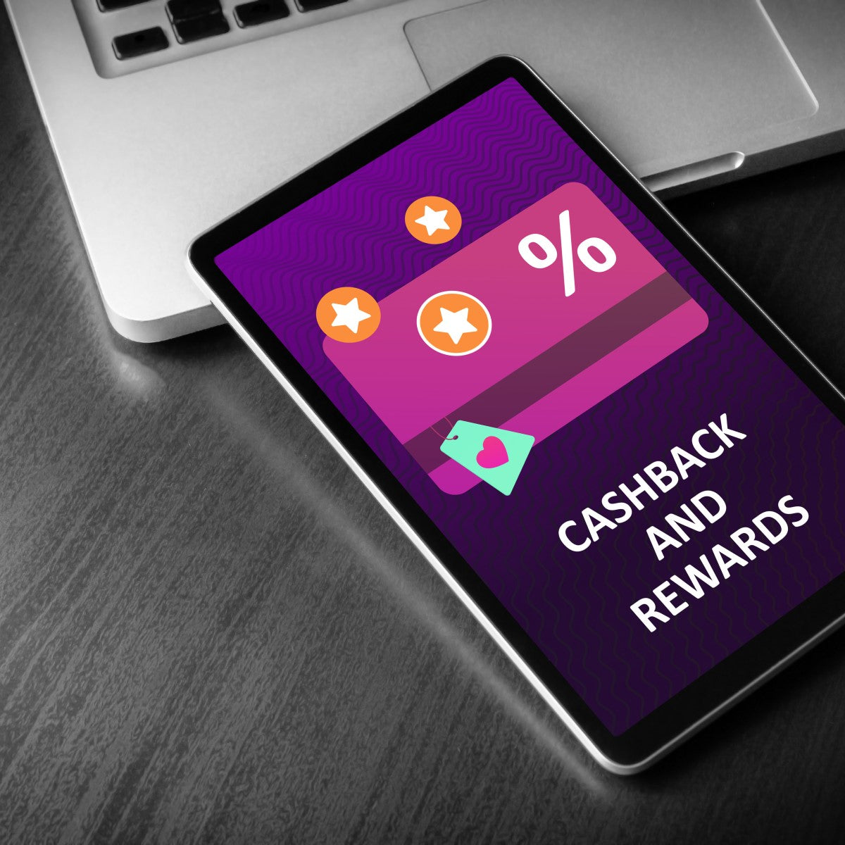 A tablet displays a colorful graphic promoting