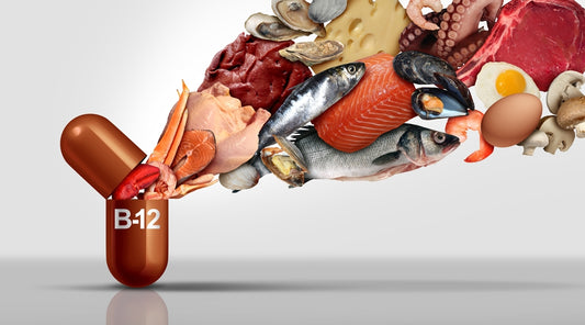 A brown capsule labeled "B-12" is shown with various foods rich in vitamin B12, such as seafood, meat, eggs, and cheese, creatively emerging from the capsule against a light background.