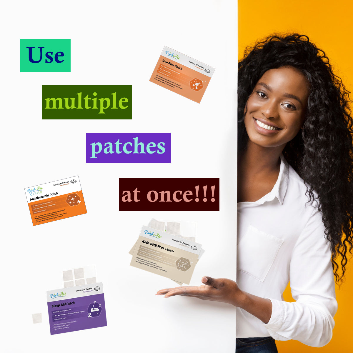 A smiling woman with curly hair stands beside a white wall, holding a patch in her hand, while colorful text promotes using multiple wellness patches at once against a bright yellow background.
