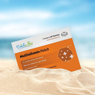 A multivitamin patch package is partially buried in sandy beach terrain, featuring an orange design with text highlighting its 27 essential vitamins and minerals, including iron and calcium.