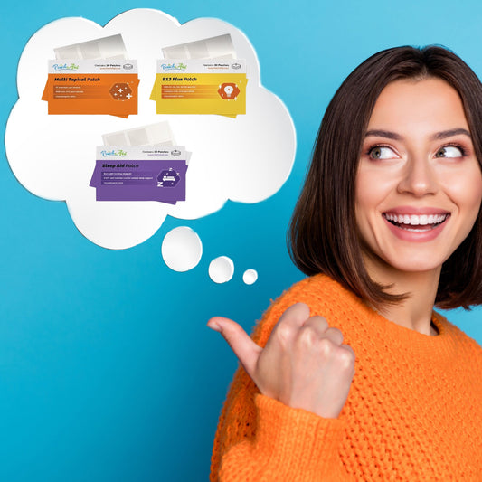 A woman in an orange sweater smiles and gives a thumbs-up while thinking about PatchAid packs, which include Multi Topical, B12 Plus, and Sleep Aid patches, against a blue background.