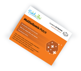 PatchAid Multivitamin Patch packaging, containing 30 patches, is displayed diagonally on a black background.
