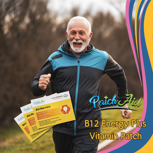 An older man with a beard, wearing a black and blue athletic jacket, joyfully runs outdoors while holding vitamin B12 patch packages, promoting energy and vitality.