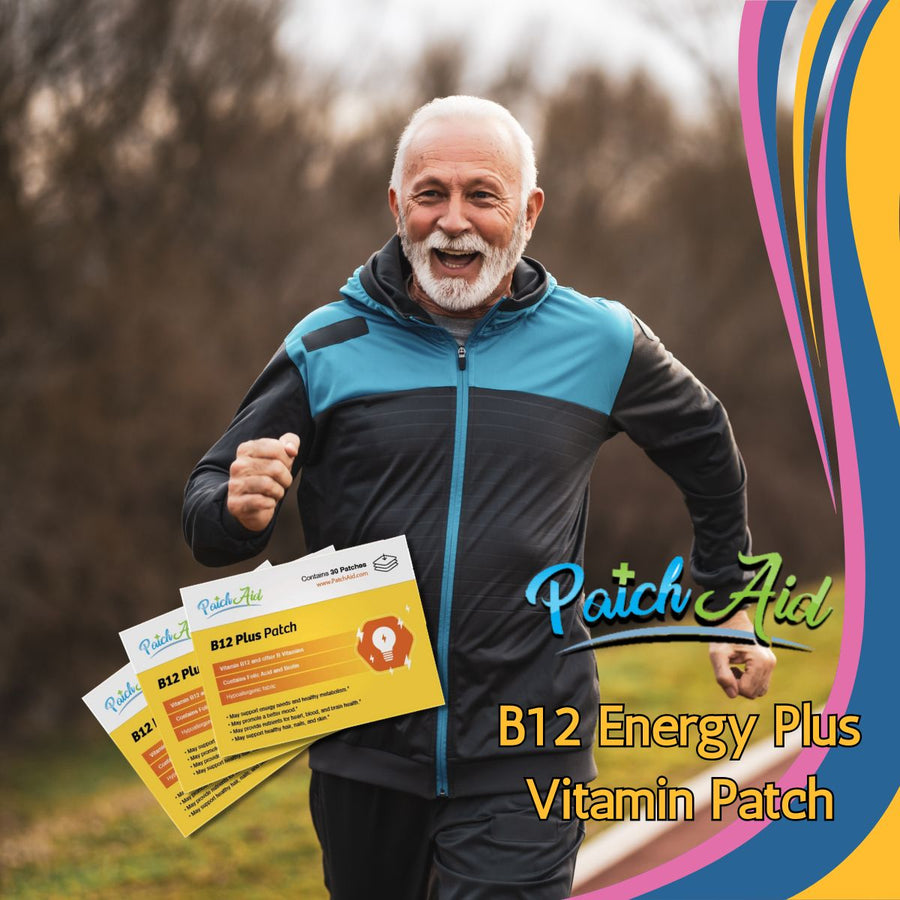 An older man with a beard, wearing a black and blue athletic jacket, joyfully runs outdoors while holding vitamin B12 patch packages, promoting energy and vitality.