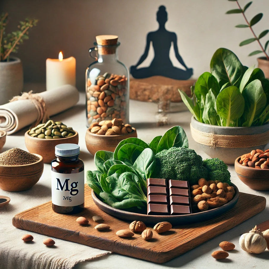 A wooden table displays a variety of magnesium-rich foods, including leafy greens, nuts, and dark chocolate, alongside a bottle labeled "Mg," with a calming candle and a meditative silhouette in the background.