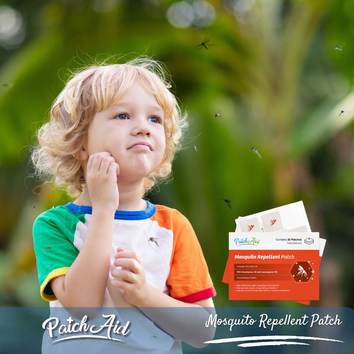 A young child with curly blonde hair stands outdoors, looking thoughtfully while scratching his chin, surrounded by mosquitoes, with a package of PatchAid’s Mosquito Repellent Patch visible nearby.