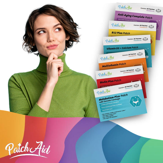 A woman in a green turtleneck thoughtfully examines a lineup of vitamin patch products from PatchAid, which includes various health benefits and supplement options.