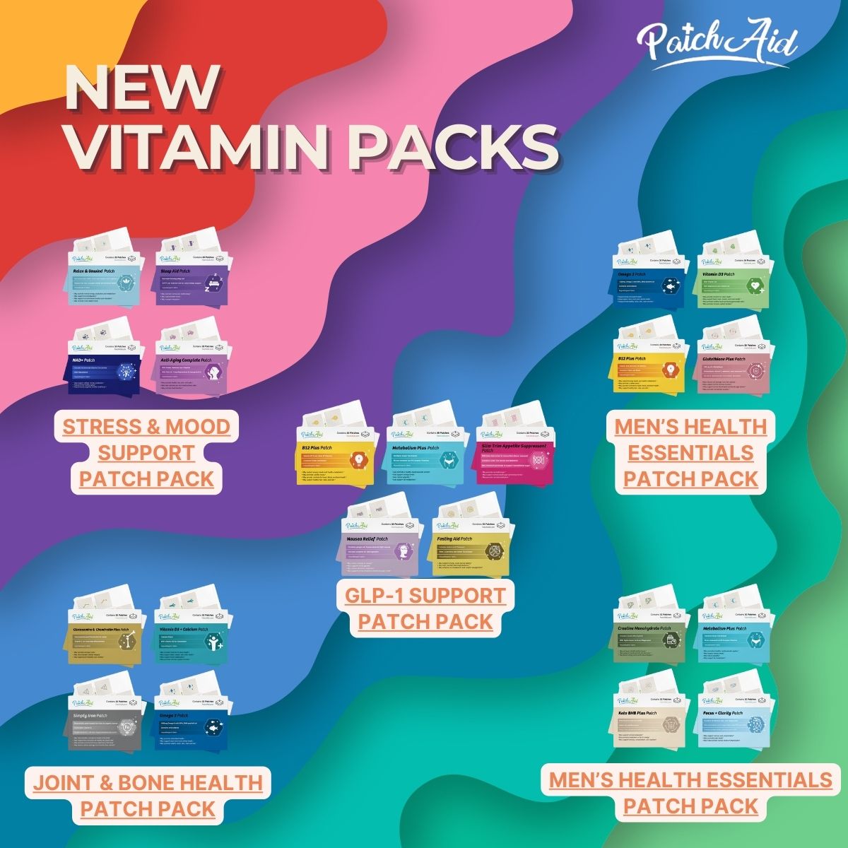 Colorful background featuring various PatchAid vitamin packs labeled for specific health needs, including stress support and men's health essentials, arranged in a visually appealing layout.