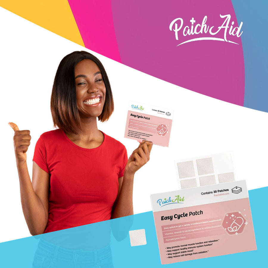 A smiling woman in a red shirt holds a package of Easy Cycle Patch, giving a thumbs-up, with a colorful background promoting the product for managing PMS symptoms.