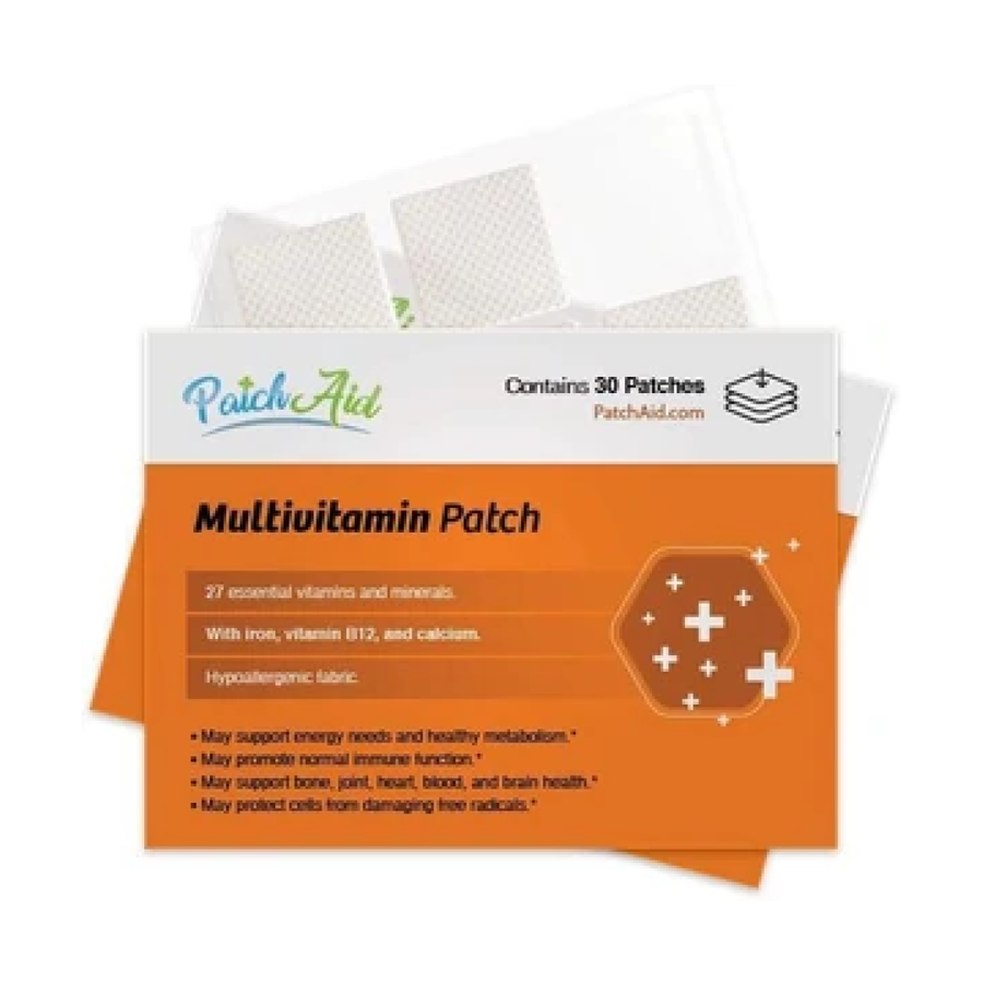 A package of multivitamin patches from PatchAid, featuring an orange label that highlights benefits and contains information about essential vitamins and minerals, displayed against a white background.