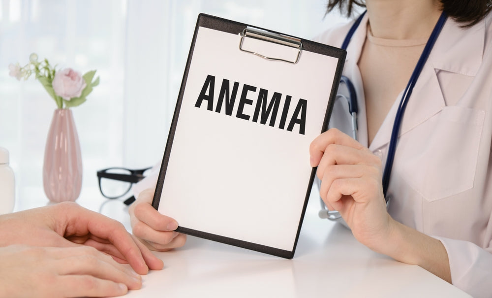 A healthcare professional holds a clipboard displaying the word 