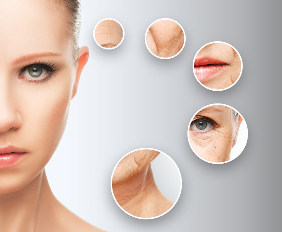 A close-up of a young woman's face is shown alongside circular insets highlighting areas of aging skin, such as wrinkles around the eyes, mouth, and neck, emphasizing anti-aging concerns.