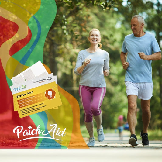 A woman and a man jog together on a sunny path surrounded by trees, smiling and enjoying their exercise, with a colorful background featuring a B12 Plus Patch product from PatchAid.