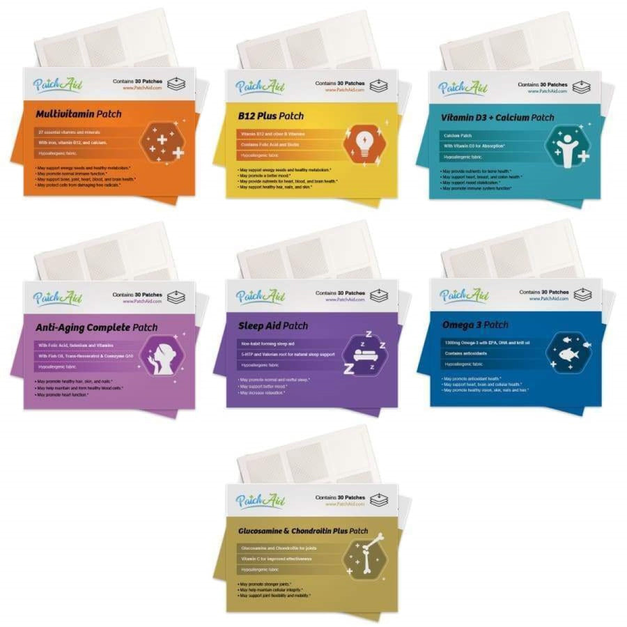 Six colorful vitamin patch packages from PatchAid are displayed, each labeled with their specific benefits, including Multivitamin, B12 Plus, Vitamin D3 + Calcium, Anti-Aging Complete, Sleep Aid, and Omega 3.