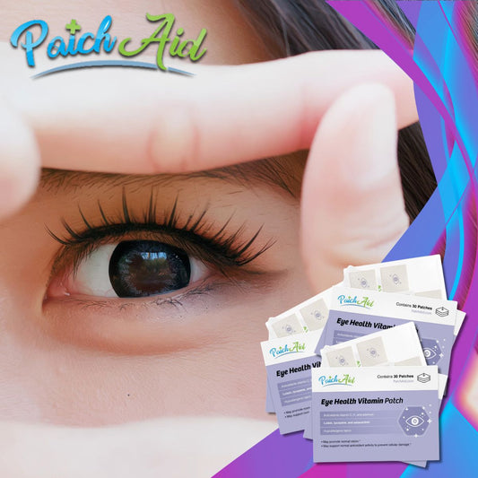 A close-up of a person's eye, framed by fingers, showcases the Eye Health Vitamin Patch packaging with vibrant colors and the "PatchAid" logo in the background, emphasizing vision support.
