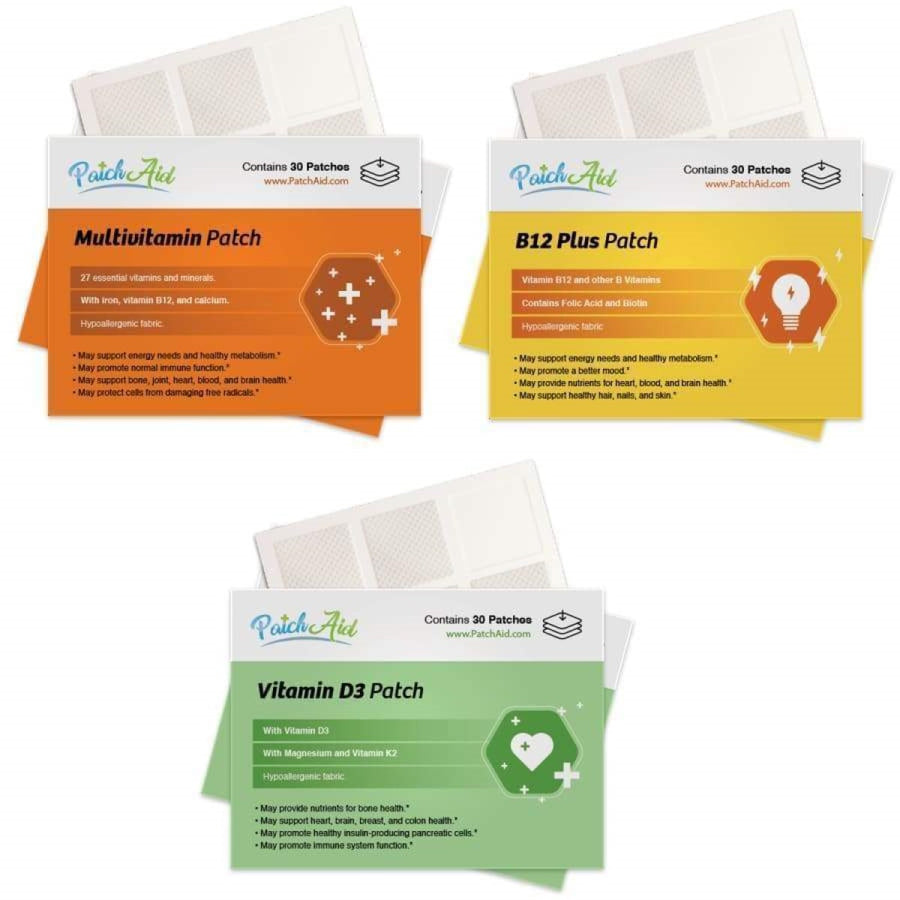 Three vitamin patch boxes are displayed: a multivitamin patch with an orange background, a B12 plus patch in yellow, and a vitamin D3 patch in green, each highlighting health benefits and ingredients.