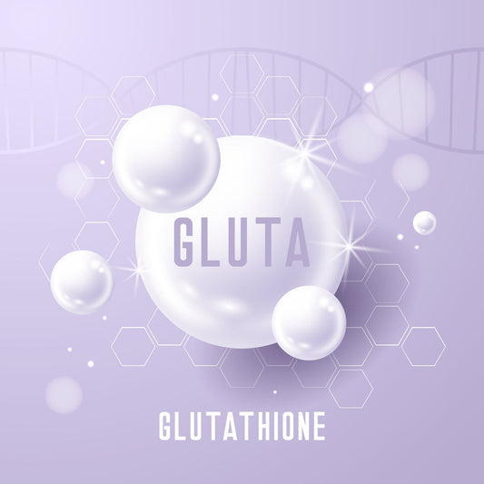 A large, shiny white sphere labeled "GLUTA" is surrounded by smaller spheres and hexagonal shapes on a soft purple background, suggesting a focus on glutathione and its significance in health.