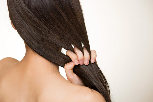 A person with long, dark hair is holding a section of their hair with one hand, viewed from behind, against a soft, neutral background, highlighting the hair's texture and health.