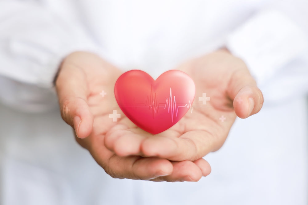 A person in a white shirt holds a glowing red heart between their hands, with a heartbeat line and medical symbols in the background, symbolizing love and heart health for Valentine's Day.