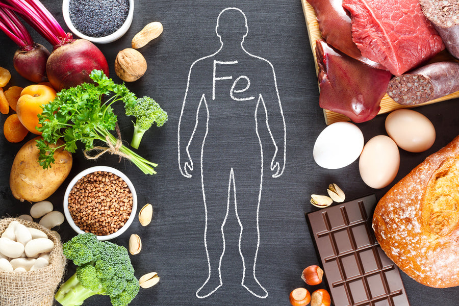 A chalk outline of a human figure with "Fe" written inside is surrounded by various iron-rich foods, including meats, vegetables, nuts, and grains, emphasizing the importance of iron in the diet.