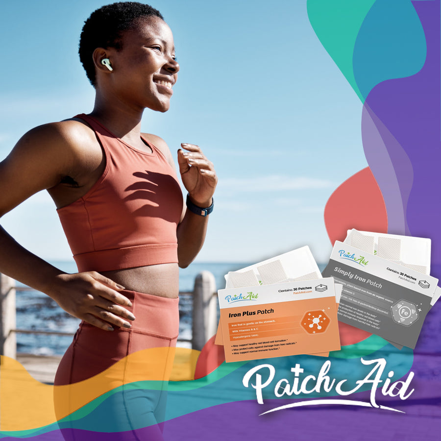 A woman in a sports bra jogs outdoors, smiling while wearing wireless earbuds, with PatchAid iron supplement patches displayed in the foreground against a scenic waterfront background.