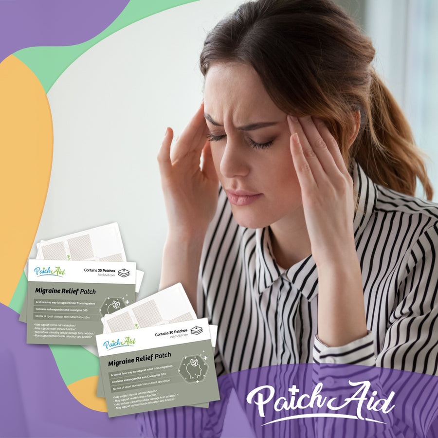 A woman with a pained expression holds her head, suggesting discomfort, while two packs of PatchAid Migraine Relief Patches are displayed in the foreground against a soft, colorful background.
